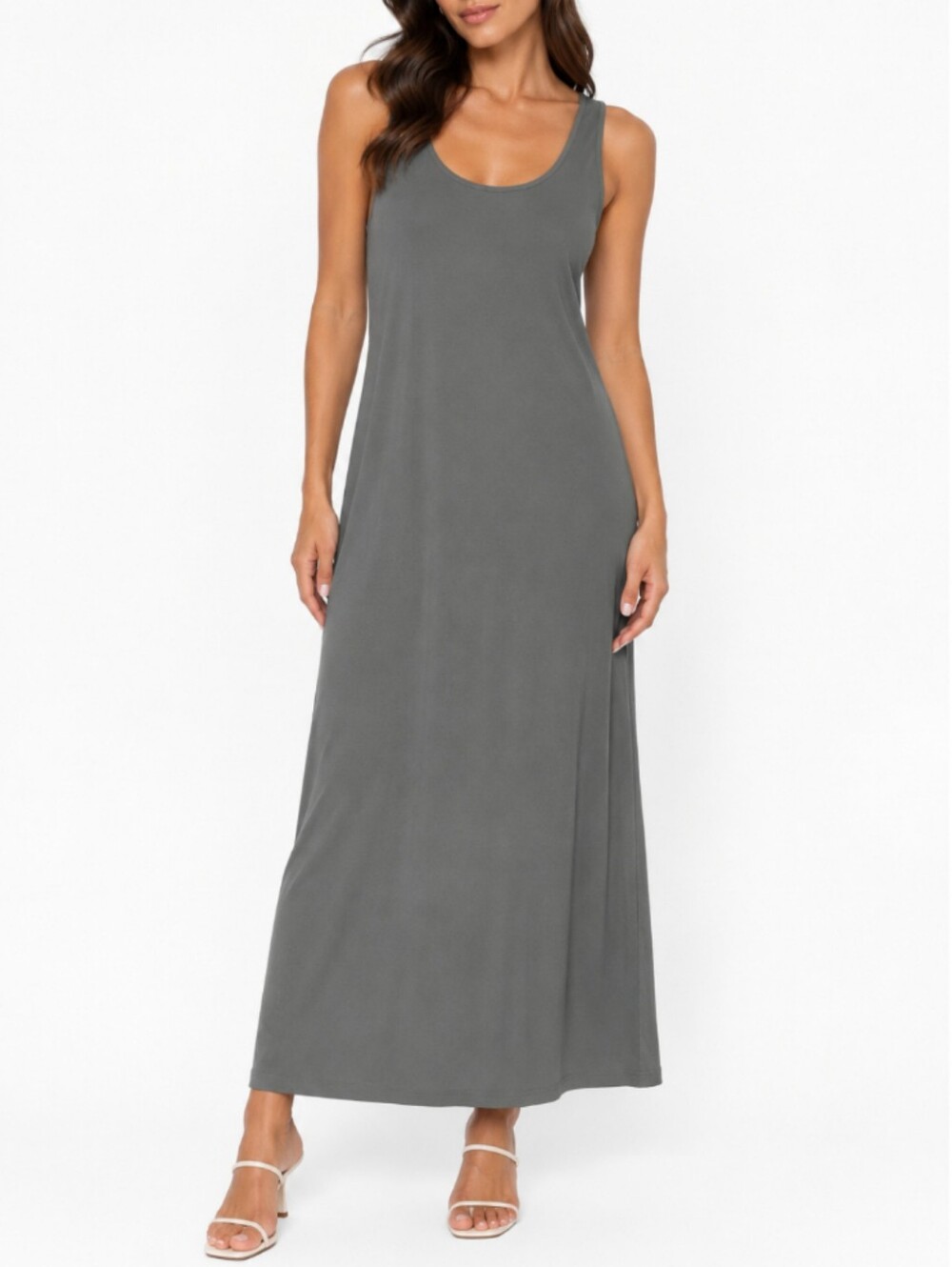 Eileen Fisher Silk Georgette Crepe Maxi Dress Size M Gray Sleeveless NWT
